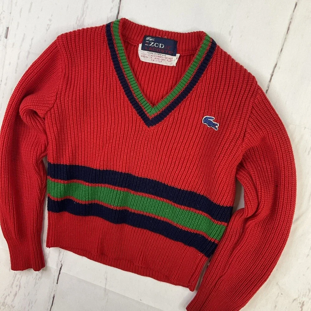 Vintage 80s Izod Lacoste‎ Sweater Kids Sz 6 Red Cable Knit V-Neck Acrylic